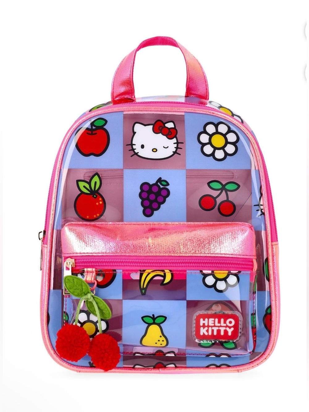 NWT Hello Kitty Mini Backpack Pink Checkered Fruit Print Zip, Adjustable Strap